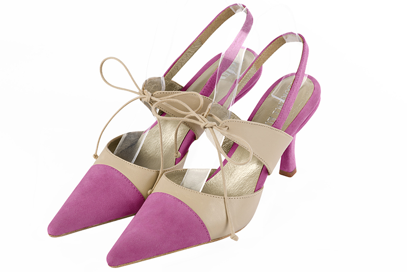 Shocking pink and champagne beige women's open back shoes, with an instep strap. Pointed toe. High slim heel. Front view - Florence KOOIJMAN
